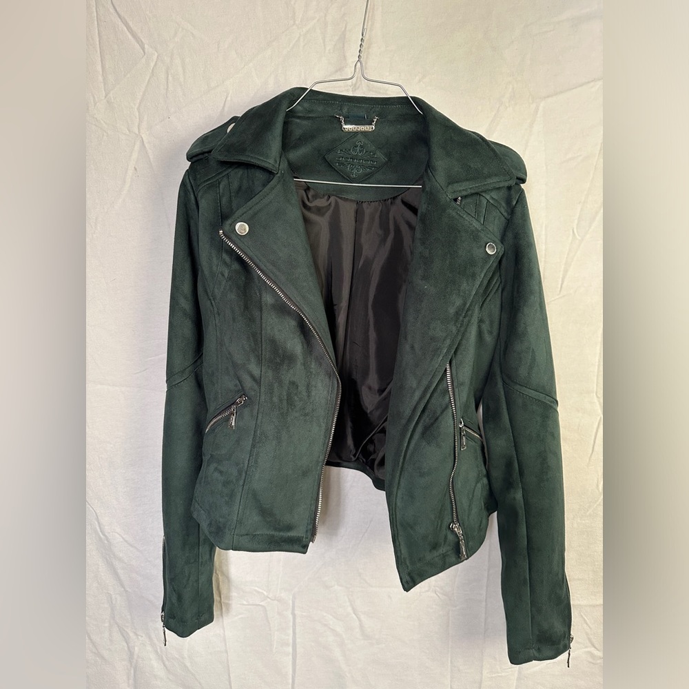 Green Faux Suede Biker Jacket